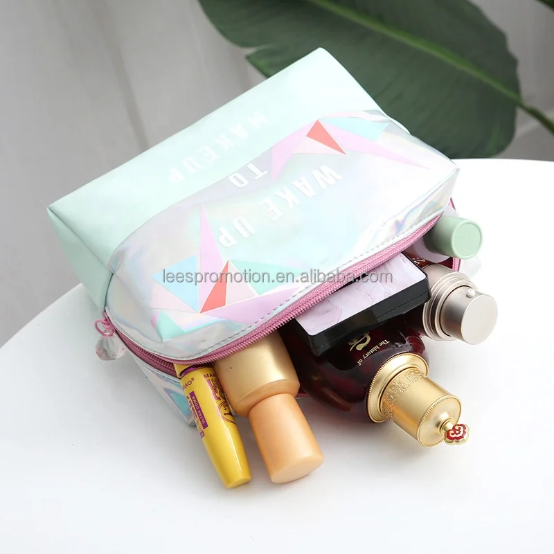 Custom Holographic Shiny Leather Zipper Cosmetic Bag PU Makeup Bag Toiletry Bag for Women