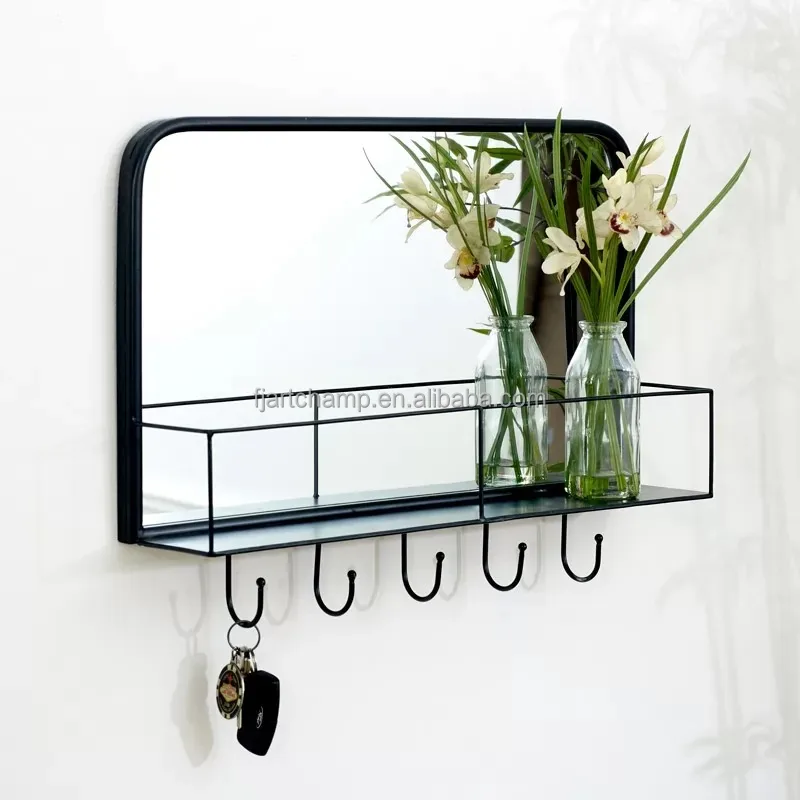 black long small metal black vanity wall mirror with shelf and hanger