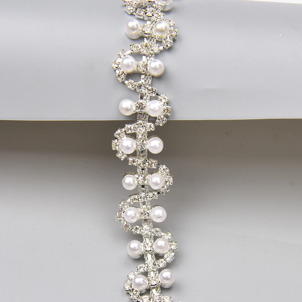 New 2Cm Wide Beautiful Pearl Rhinestone Trim Flatback Crystal Welded Code Chain Diy Wedding Dress Garment Collar Bag Accessories