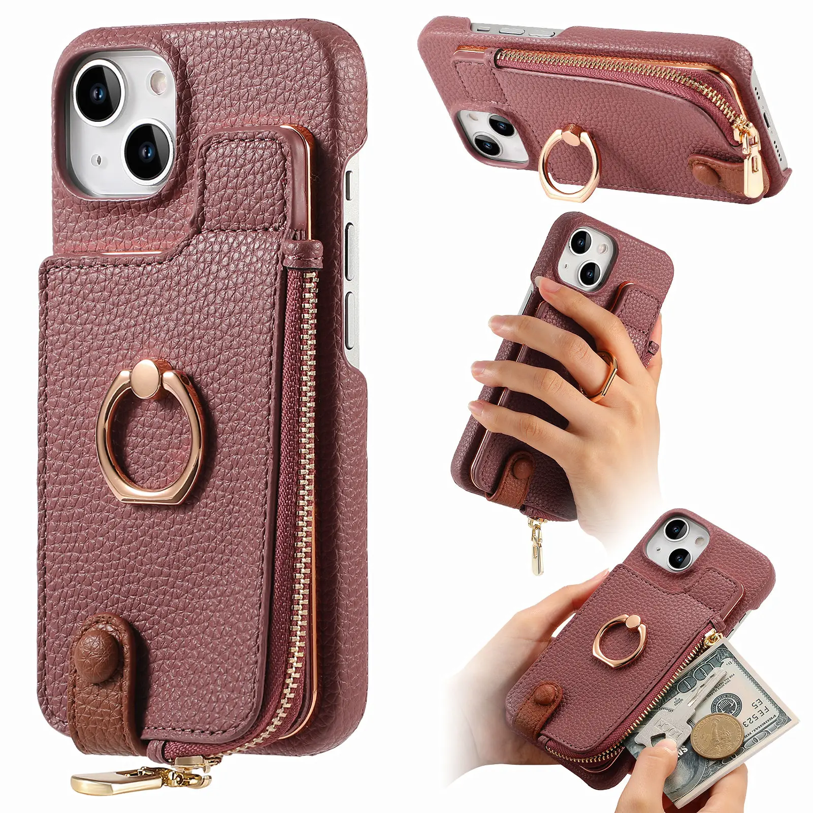 RFID leather up and down clamshell PU mobile phone cover Solid color ring mobile phone holder card holder for various models
