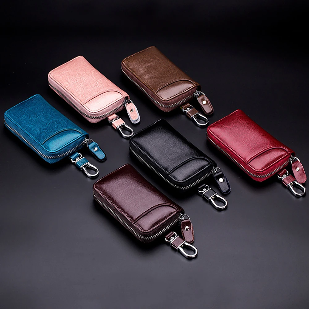 Functional unisex zipper leather key holder bag car key wallet case for men women