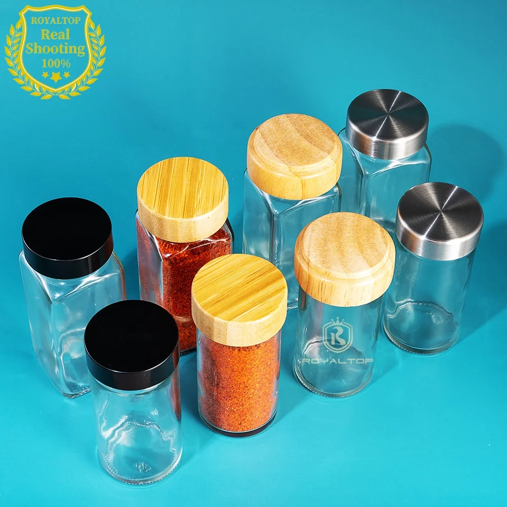 Royaltop 90ml 120ml Round Square Glass Spice Packaging Bottle Salt and Pepper container Spice Glass Shaker set with Bamboo Lid