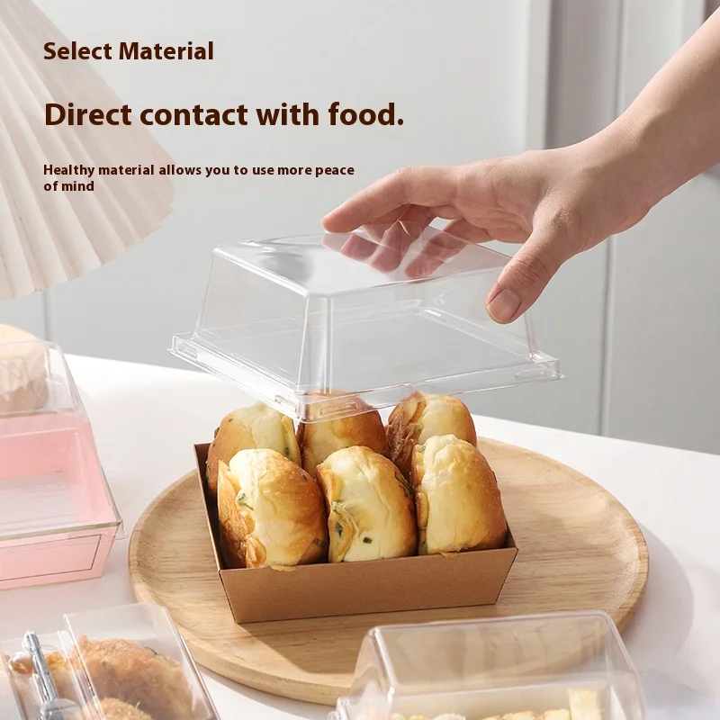 Takeaway Oil Proof Food Box Cake Donut Paper Packaging Dessert Cake Boxes Plastic Lid Cardboard Box with Fork