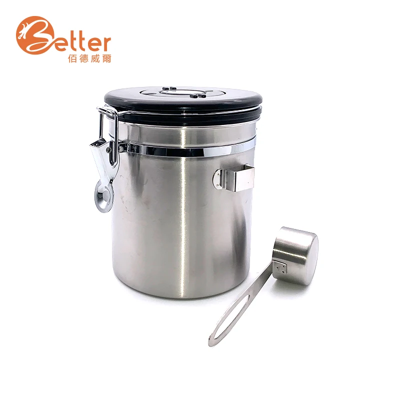 Airtight Metal Stainless Steel Kitchen Container Tea Sugar Coffee Bean Storage Canister Set with Scoop CO2 Valve Lid