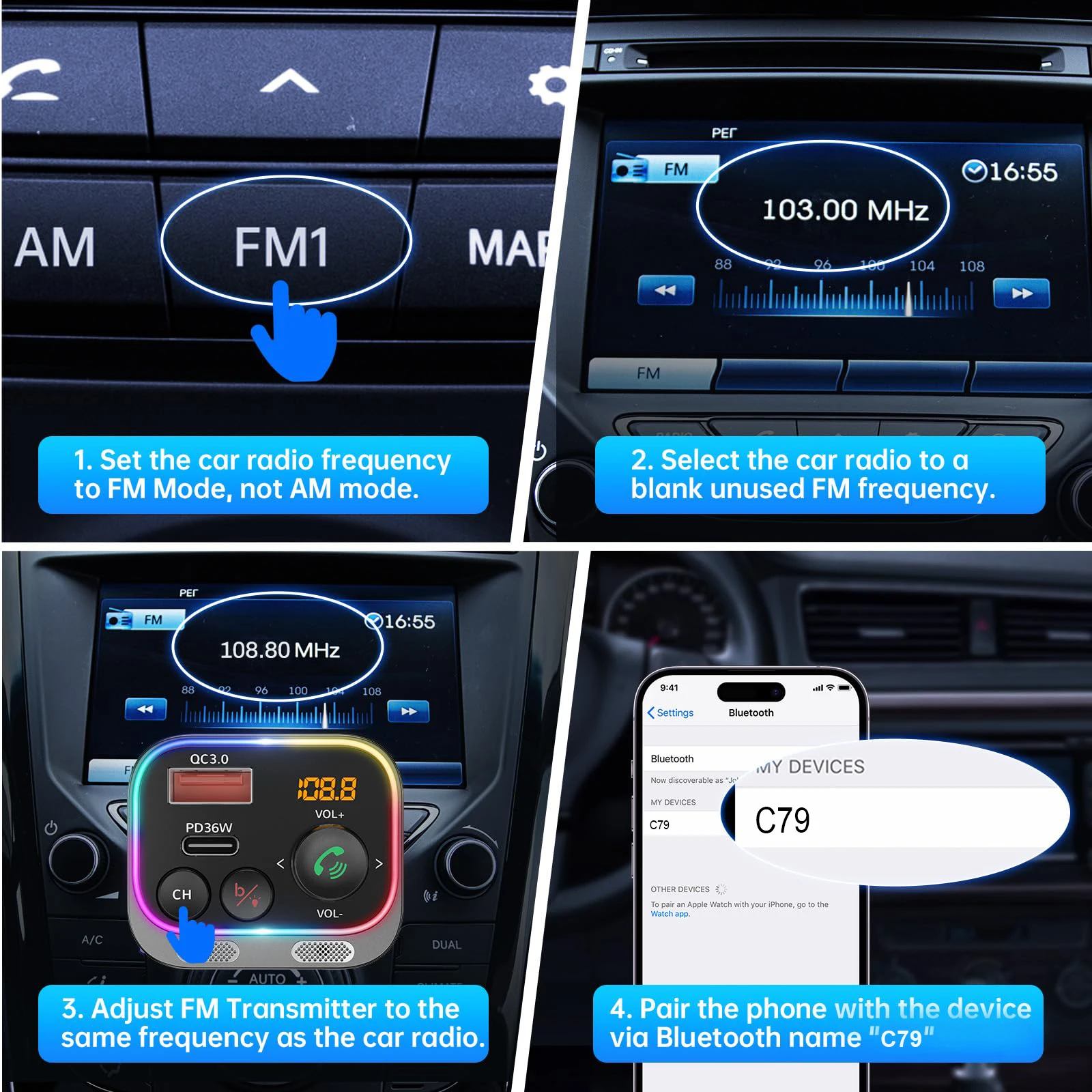 C79 Wireless Car Radio Receiver 54W Fast Charging PD36W QC3.0 Dual Mics HiFi Bass Sound Bluetooth 5.3 FM Transmitter Car Adapter