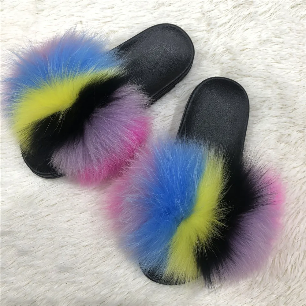 
Drop Shipping Service Promotion Price Real Fox Slippers Raccoon Slide Sandals Custom Fashion Fur Slides For Women 