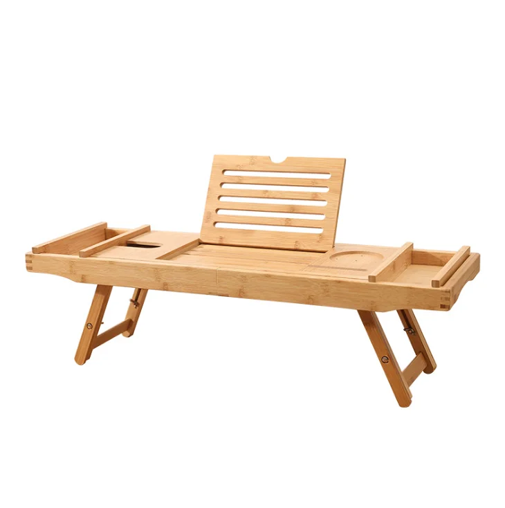 Bathroom 2 In 1 Extendable Extra Large Bamboo Bathtub Caddy Tray Bed Laptop Desk With Folding Legs Wine Glass Holder
