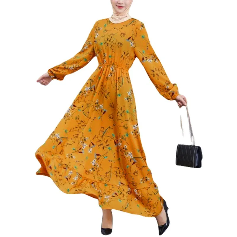 High Quality Muslim Long Skirt Floral Pullover Long Sleeve Waist Crew Neck A-line Dress Ethnic Clothing