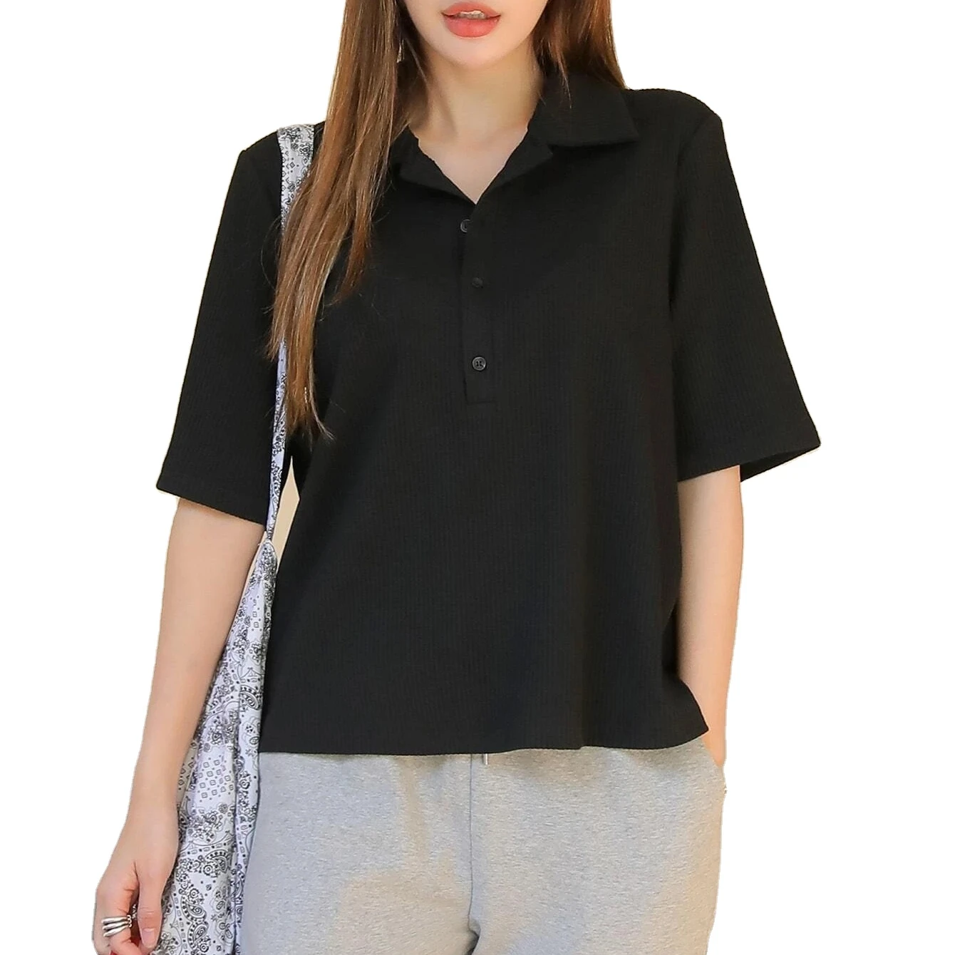 Solid Button Half Placket Polo Neck Tee Casual Slim Plain Color Women Polo Shirt