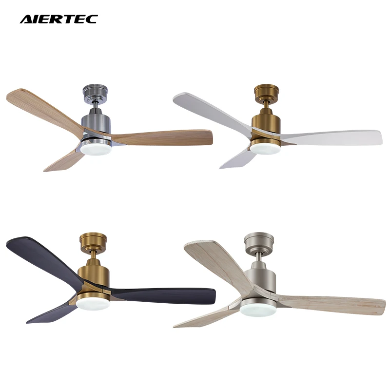 Modern 52' Copper Black 3 Solid Wood Metal Body Led Ceiling Fans With 3 Color Dimming 1-6 Gears Speed All Copper Motor