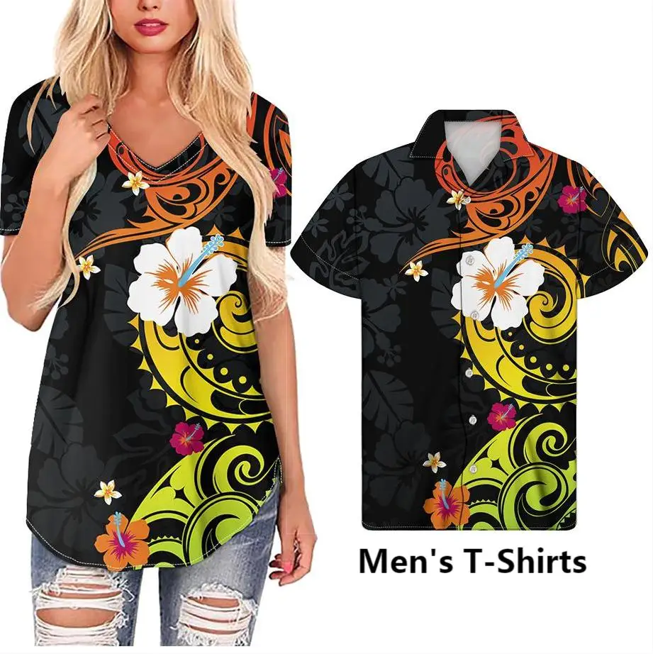 Wholesale custom shirt T- shirt Romantic suit Polynesian printed traditional Women Couple shirts Tribal Gradient Color Stripes