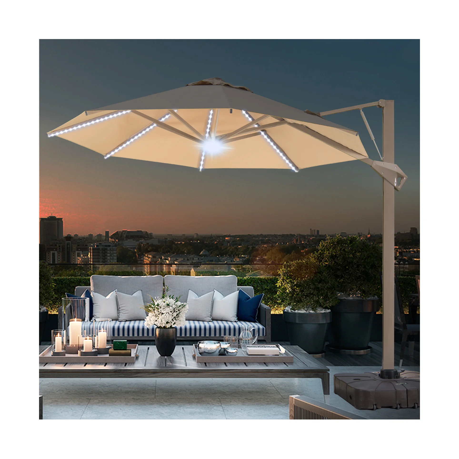 Single/Double Top Patio Umbrella Supplier Strong Wind Resist Sunshade Hydraulic Cantilever Umbrella With LED Light