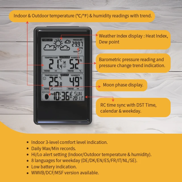 Hot Sale Clock Calculator Analog-digital Clocks For Calendars Weather Forecast Station With In/Outdoor Temperature & Humidity