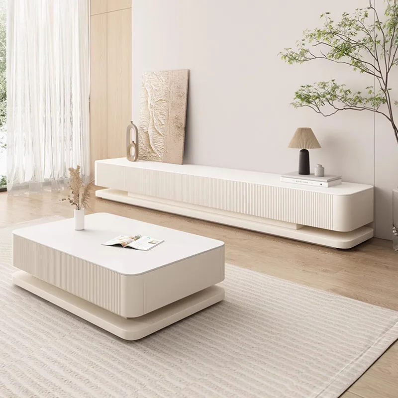 Tv cabinet Light luxury simple tv stand and coffee table set Wabi-sabi rock style slab white living room furniture floor cabinet