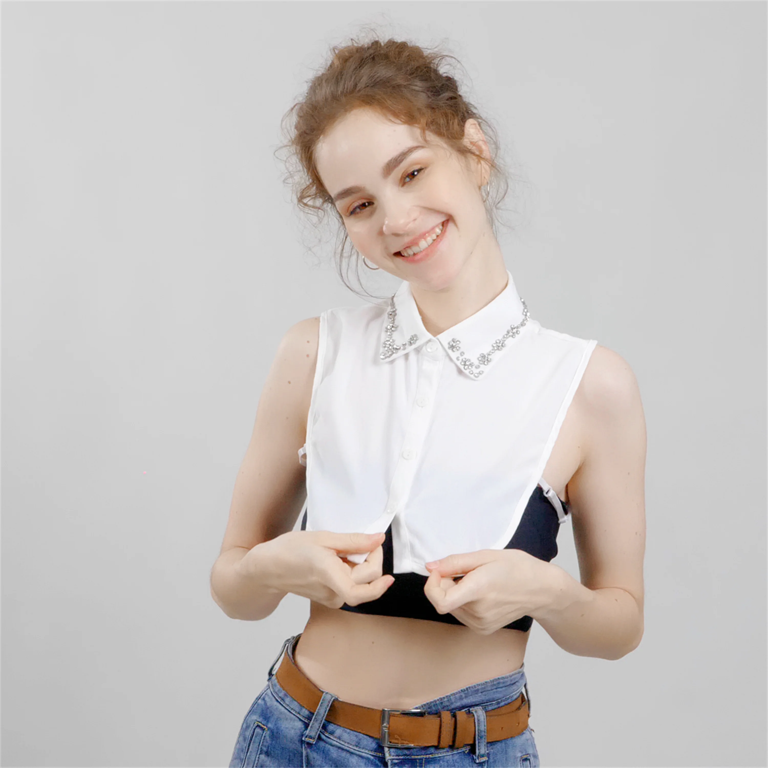 New Design Black White Hand Sewn Rhinestone Floral Accessories False Shirt Collar For Women