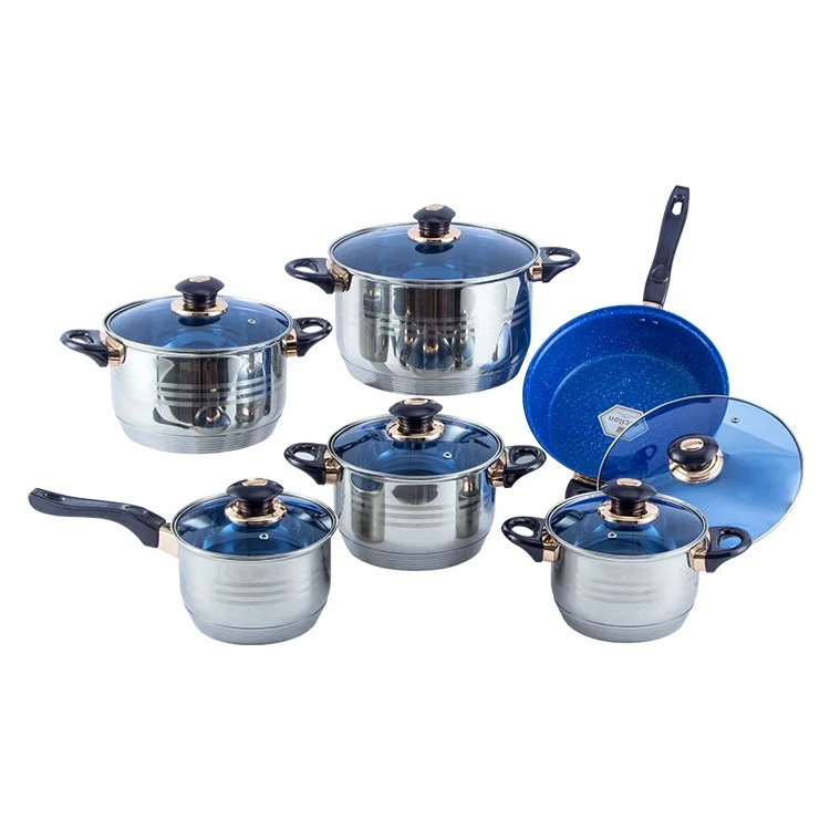 Induction 12 pcs stainless steel pan set microwave cookware kitchenware heavy bottom cooking pot