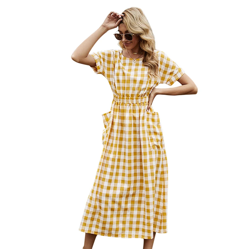  Elegant yellow Plaid short sleeve casual women dresses with plus