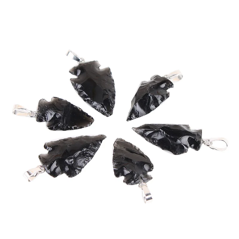 Black Obsidian Arrowhead Shape Handmade Carved Crystal Crescent Arrow Rough Raw Carving Arrowhead Pendant Necklace for Jewelry