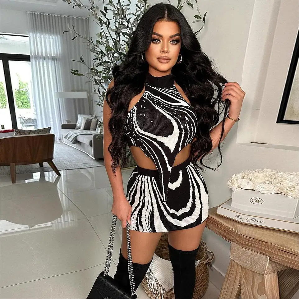 Hater sexy backless contrast color mini skirt sexy 2 pieces set knit skirt set