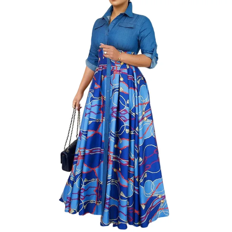 ZIYA A11L188 Factory Wholesale Print Blue Maxi Long Abya Dubai Woman Muslim Dress