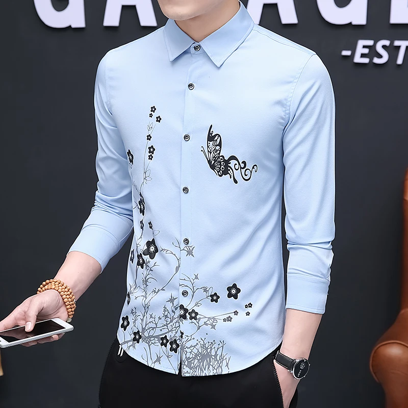 
Business Shirt Fashion Printing Shirt M-4XL Black Blue Purple White All-Match Flower Shirt 