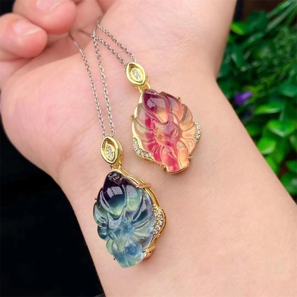 Trendy New Arrival Animal Natural Crystal Fluorite Pendant Craved Nine-Tailed Fox Colorful Pendant for Jewelry Necklace Making