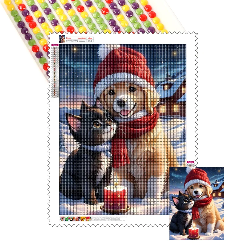Christmas Series 5d Diy Animal Diamond Painting Dog and Cat Family with Christmas Hats Full Drill Custom Diamond Painting Sets