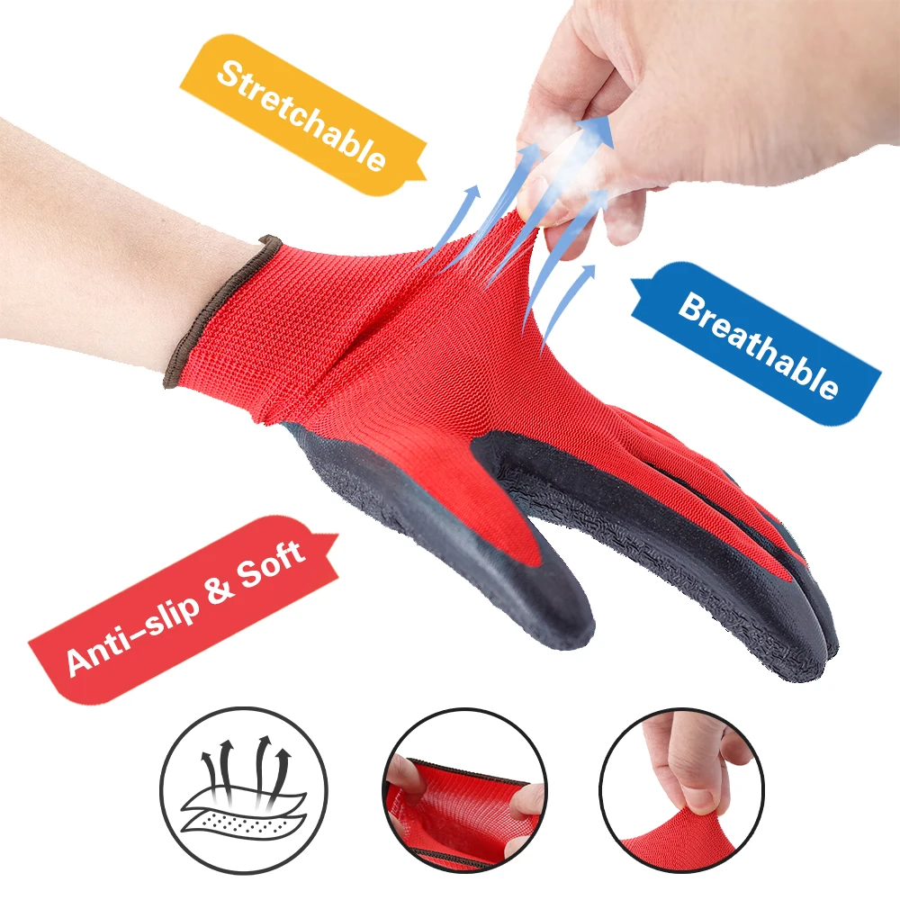 Factory Wholesale 13G red polyester Black Latex finish Construction Gloves Industrial Safety Latex Coated Work Gloves  for work