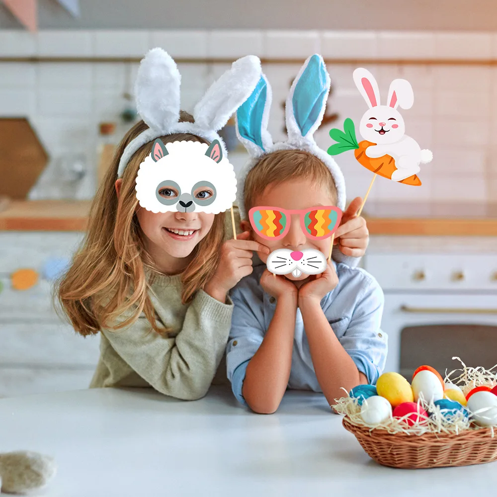 Good Price Happy Easter Photo Booth Props Bunny Eggs 25 PCS Party Selfie Props Kit with Sticks