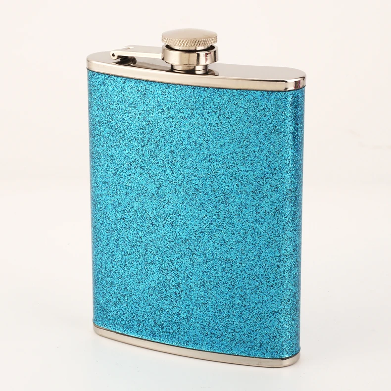 OEM Wedding gifts for guests stainless steel shiny leather hip flask flagon glitter flasks liquor