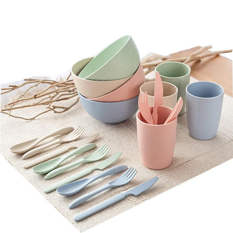 Hot Sale Reusable Wheat Straw Dinnerware Sets 28pcs Tableware Wheat Straw Kid Wheat Straw Dinnerware Set