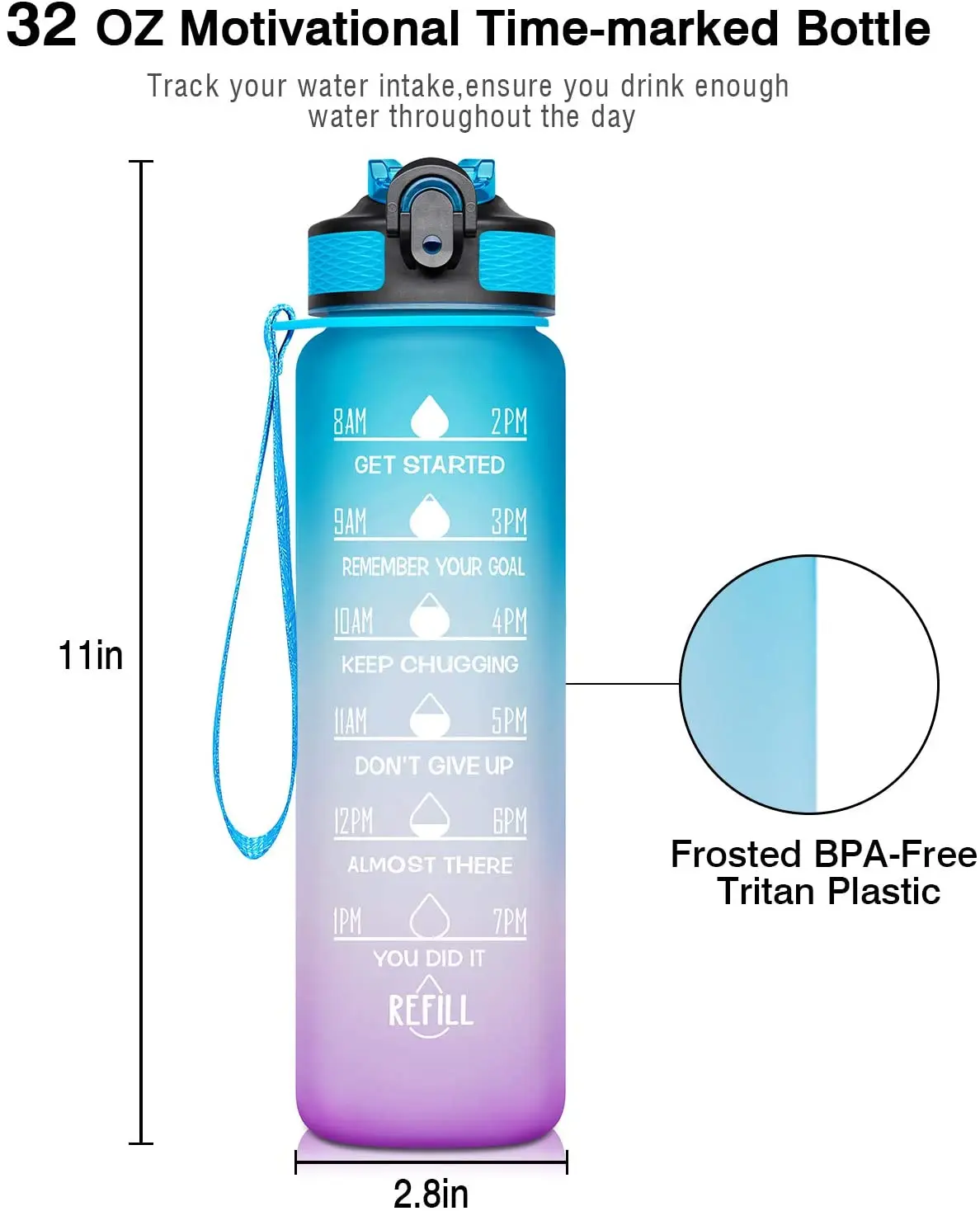 In Stocked Gradient Color Sport Gym Soft Painting Plastic Everich 32oz Water Bottle with Straw & Time Marker