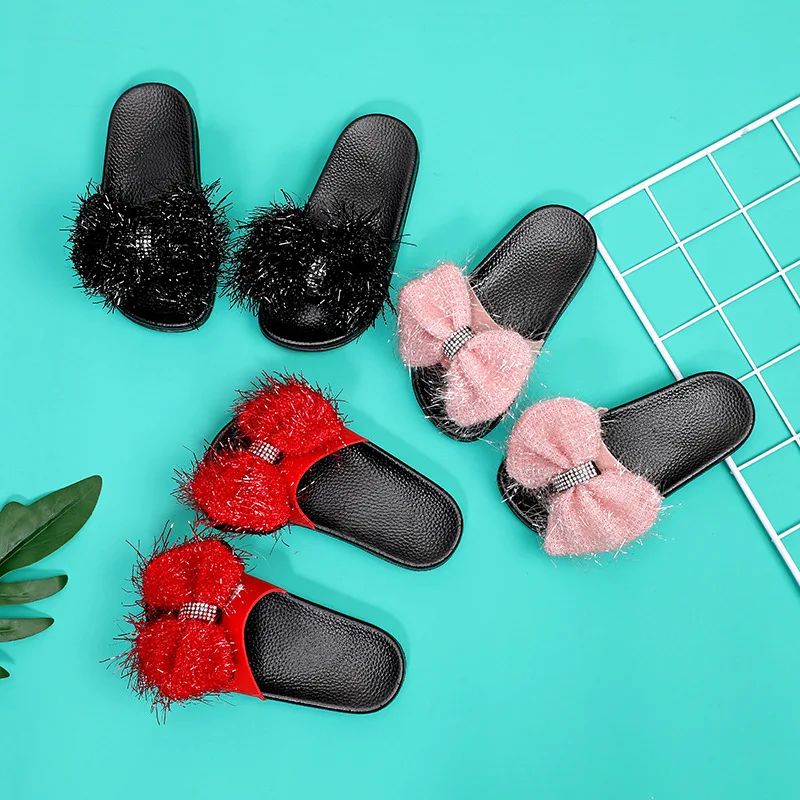 Детские Нескользящие шлепанцы, износостойкие сандалии с бантом из шерсти, мягкая подошва, летняя уличная одежда для детей