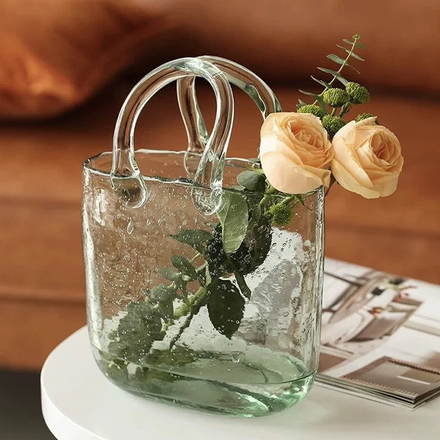 Basket Flower Vase Transparent Wholesale INS Bag Shape Portable Glass Hydroponic Glass for Home Decoration Hand Bag Art Deco
