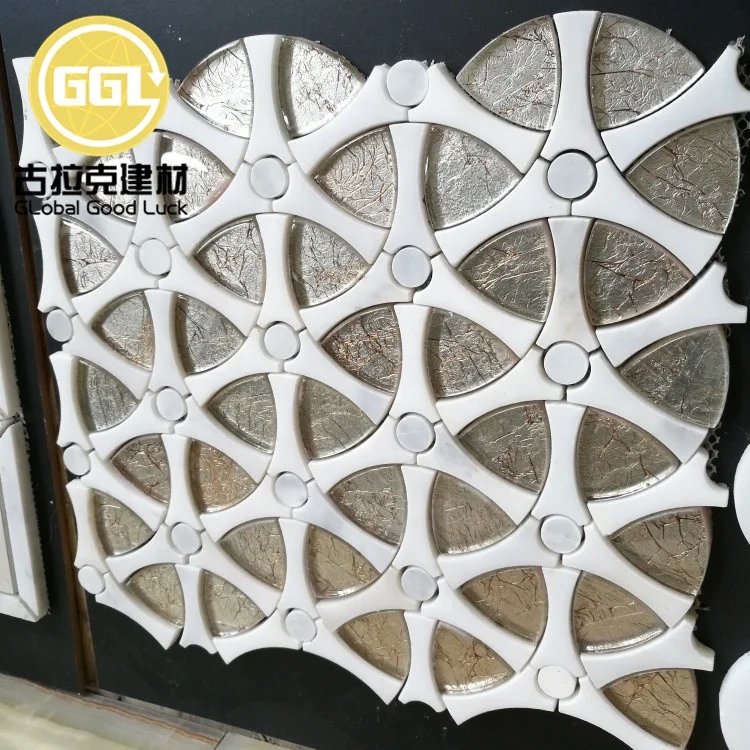 Gear Shape Design Mosaic Tile White Marble Mix Gold Waterjet Pattern Mosaic Tile for Home Wall Decor