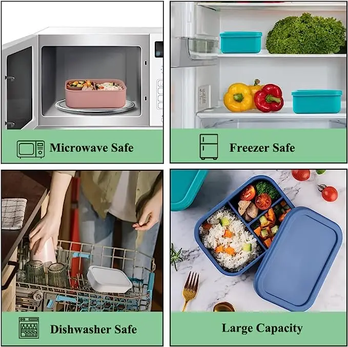 Custom Logo Portable 800ml 3 Compartment Silicone Bento Lunch Box Containers Bpa Free Silicone Lunch Box For Kids