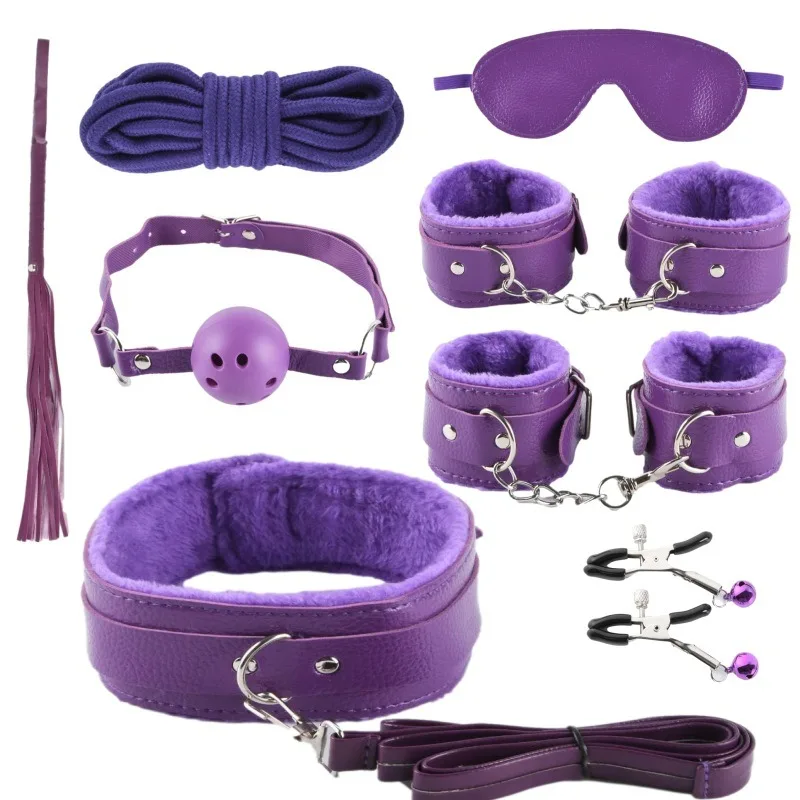 Leather plush hardware eye mask mouth stopper cross buckle handcuff neck set nipple clip cotton rope foot sex belt toys for sm
