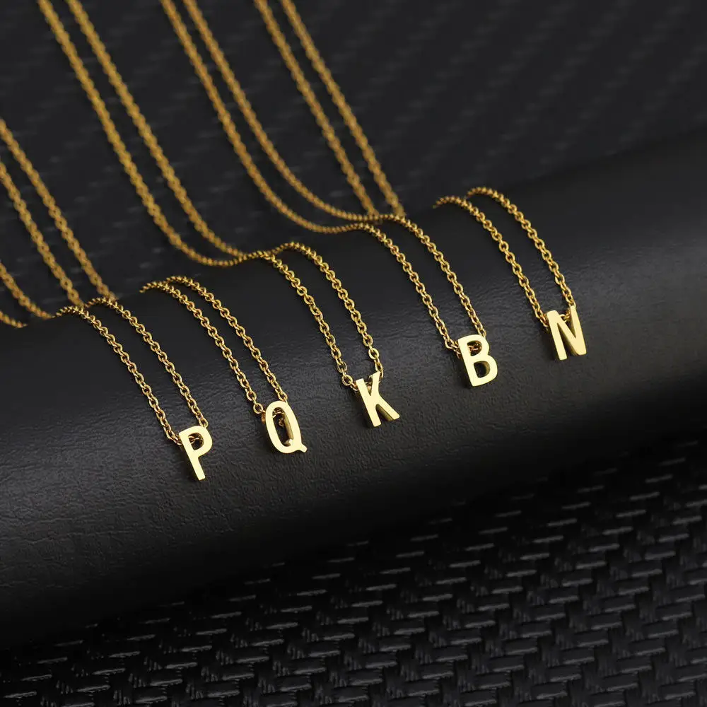 BINSHUO Wholesale Custom Stainless Steel Jewelry Gold Plating Perforated 26 Initial Letters Charm Pendant Choker Necklace Women