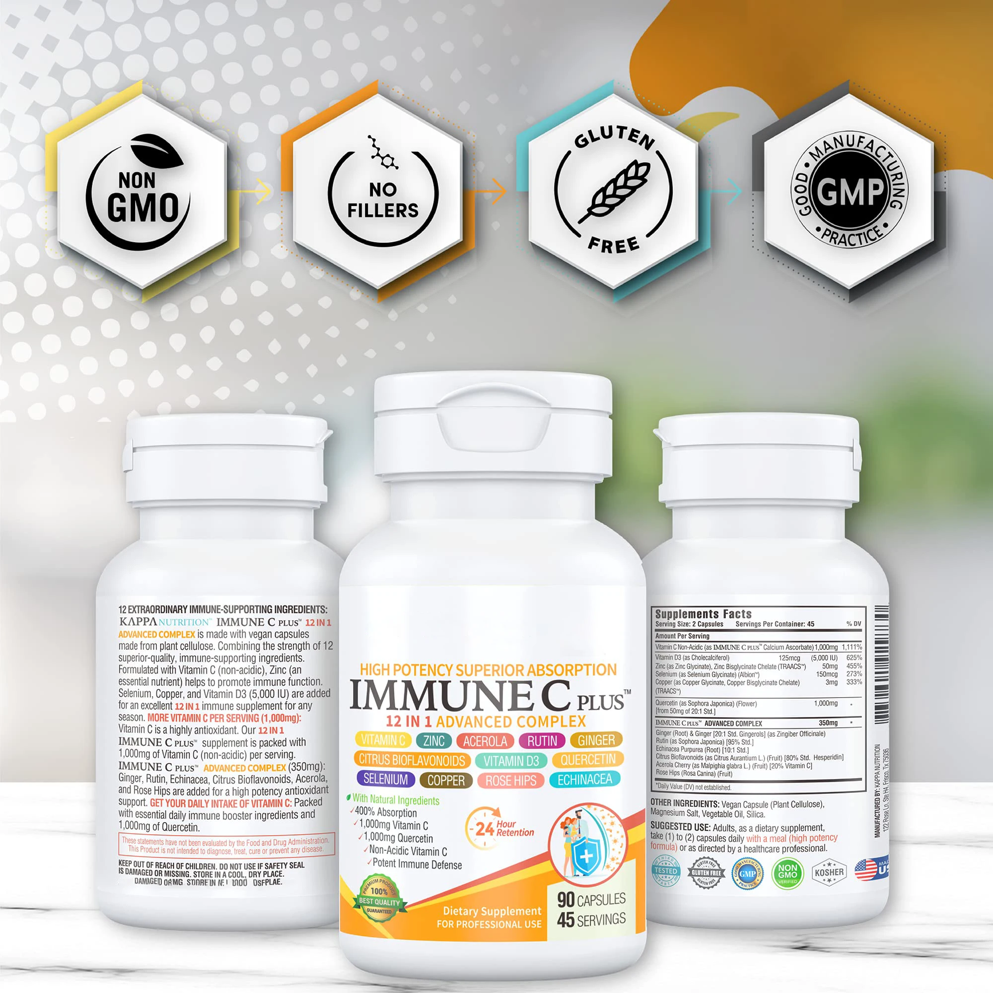Quercetin Vitamin C Zinc Vitamin D3 Selenium Copper Acerola Ginger Rutin Bitter Orange Rose Hips Echinacea 12 in 1 capsules