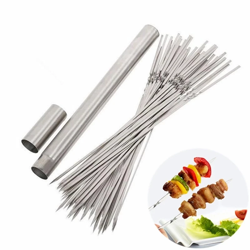 Stainless Steel BBQ Skewers Set Flat Barbecue Reusable Sticks Metal Grilling with Anti Scald Wooden Handles HQBA0012