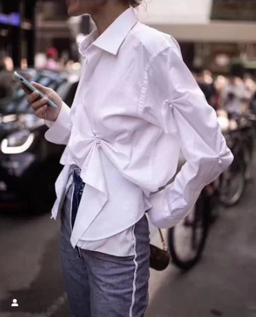 2020 spring new arrivals fashionable design women sewn pearl sleeve shirt pleated long sleeves cotton ladies top blouse