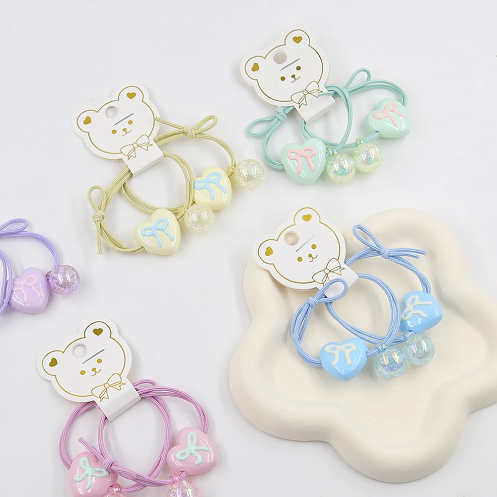 2Pcs/Card Fruit Knocker Balls Hair Ties Bows Heart Twin Bead Bubble Ponytail Holders Hair Rope For Kids Hair Accessories