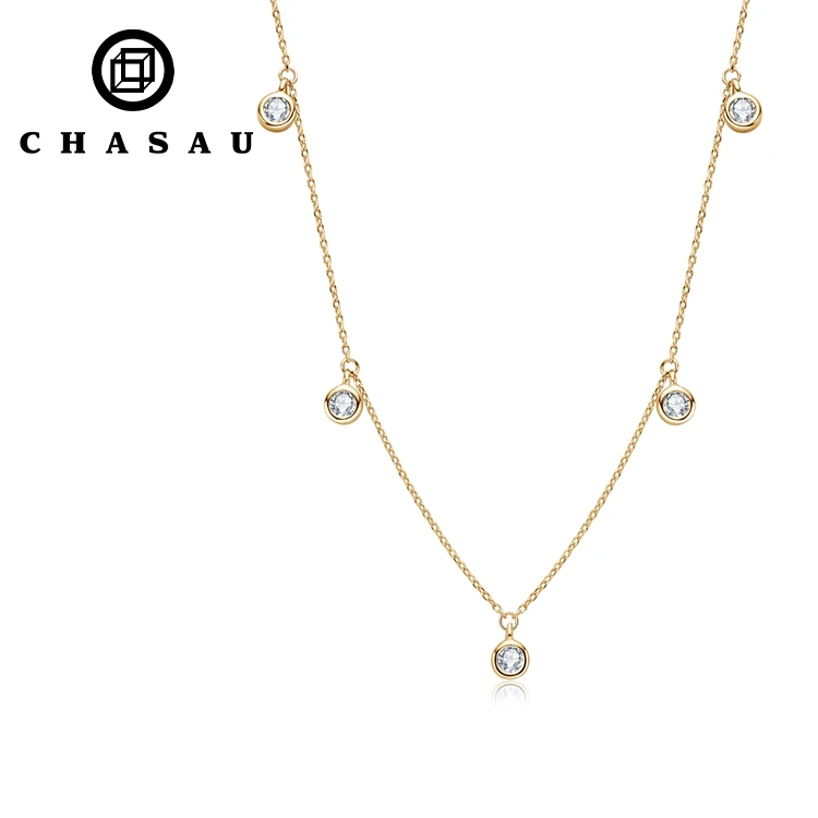 Charm Chain 925 Sterling Silver Bezel Round Brilliant Lab Diamond Moissanite Choker Necklace for Women