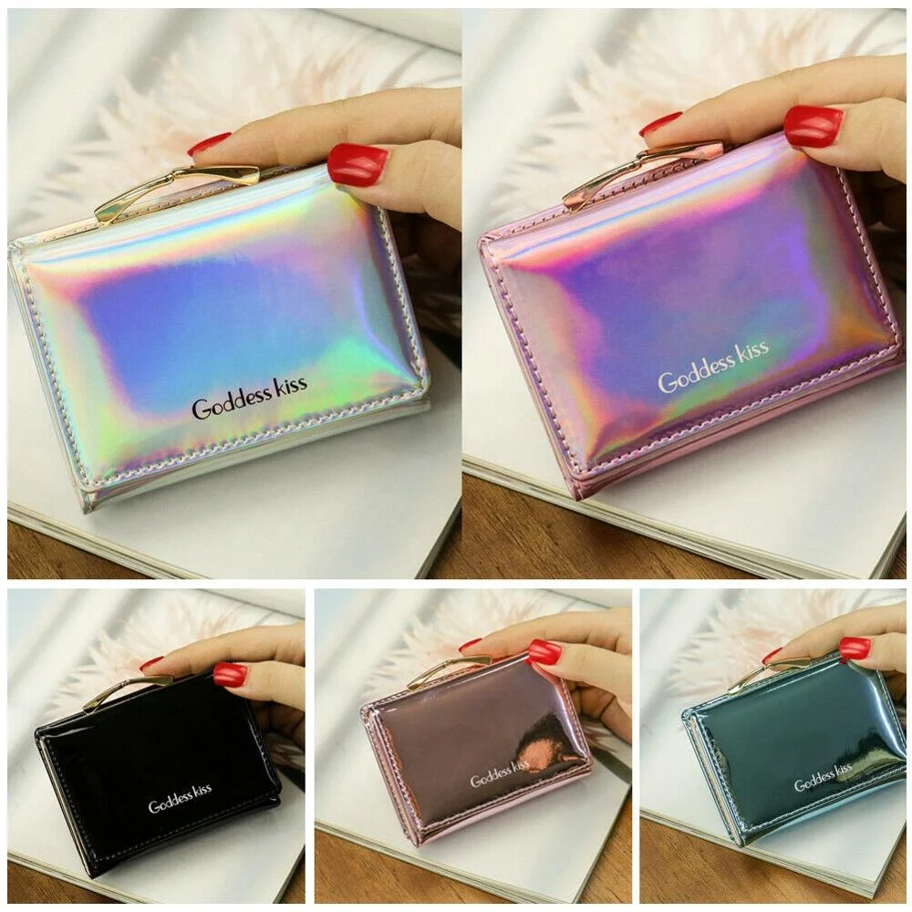 
high quality holographic foldable Short Small Coin Purse laser pu women card holder wallet 