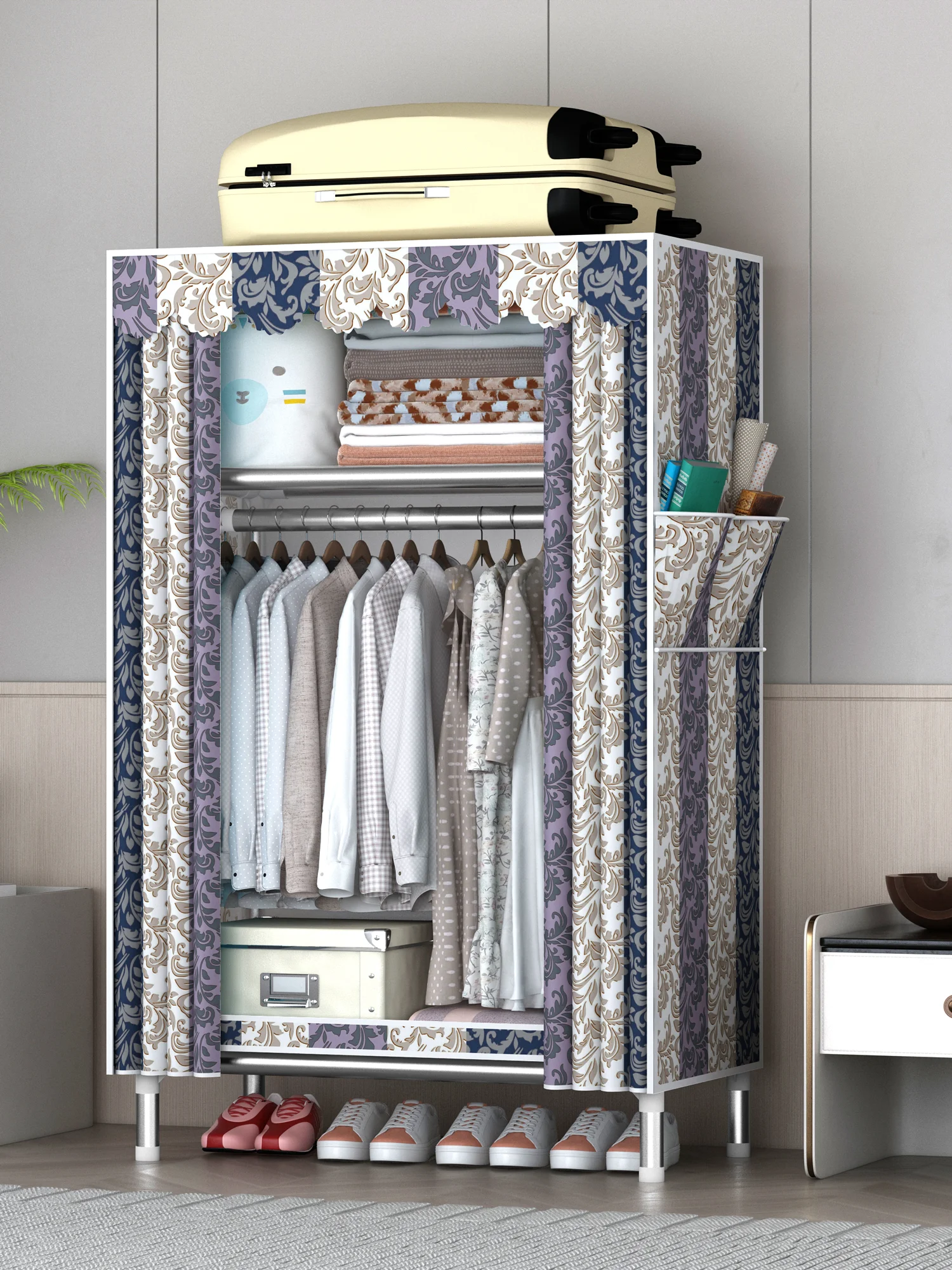 Hot Selling Good Quality Simple Fabric Wardrobe Designs Cloth Metal Frame Wardrobe
