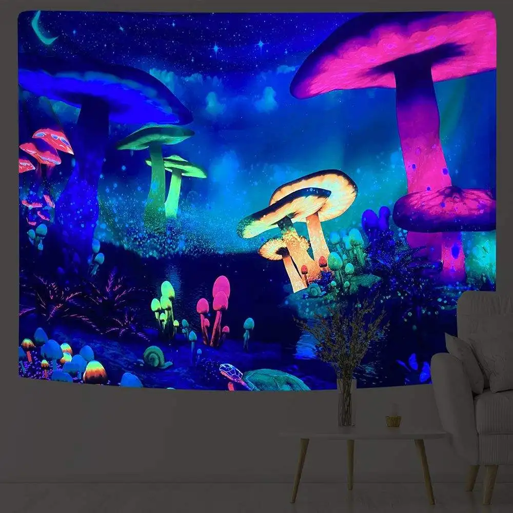 Гобелен Blacklight реактивный Триповый гобелен с горой и планетой психоделический неоновый