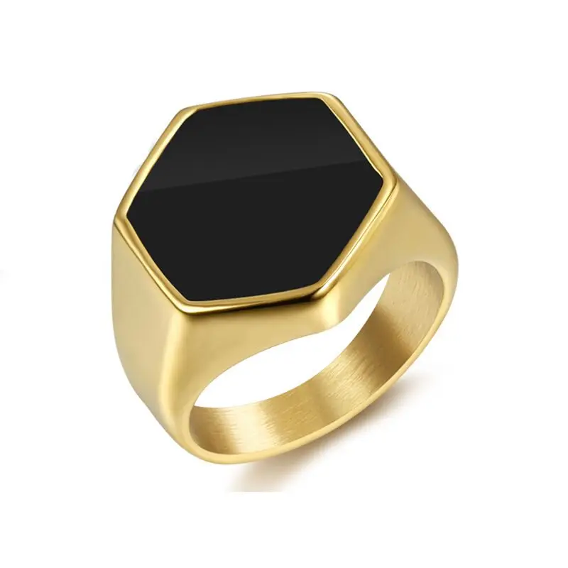 Titanium Steel Gold Silver Color Punk Men Signet Rings Waterproof Mens Finger Square Black Gem Onyx Agate Ring