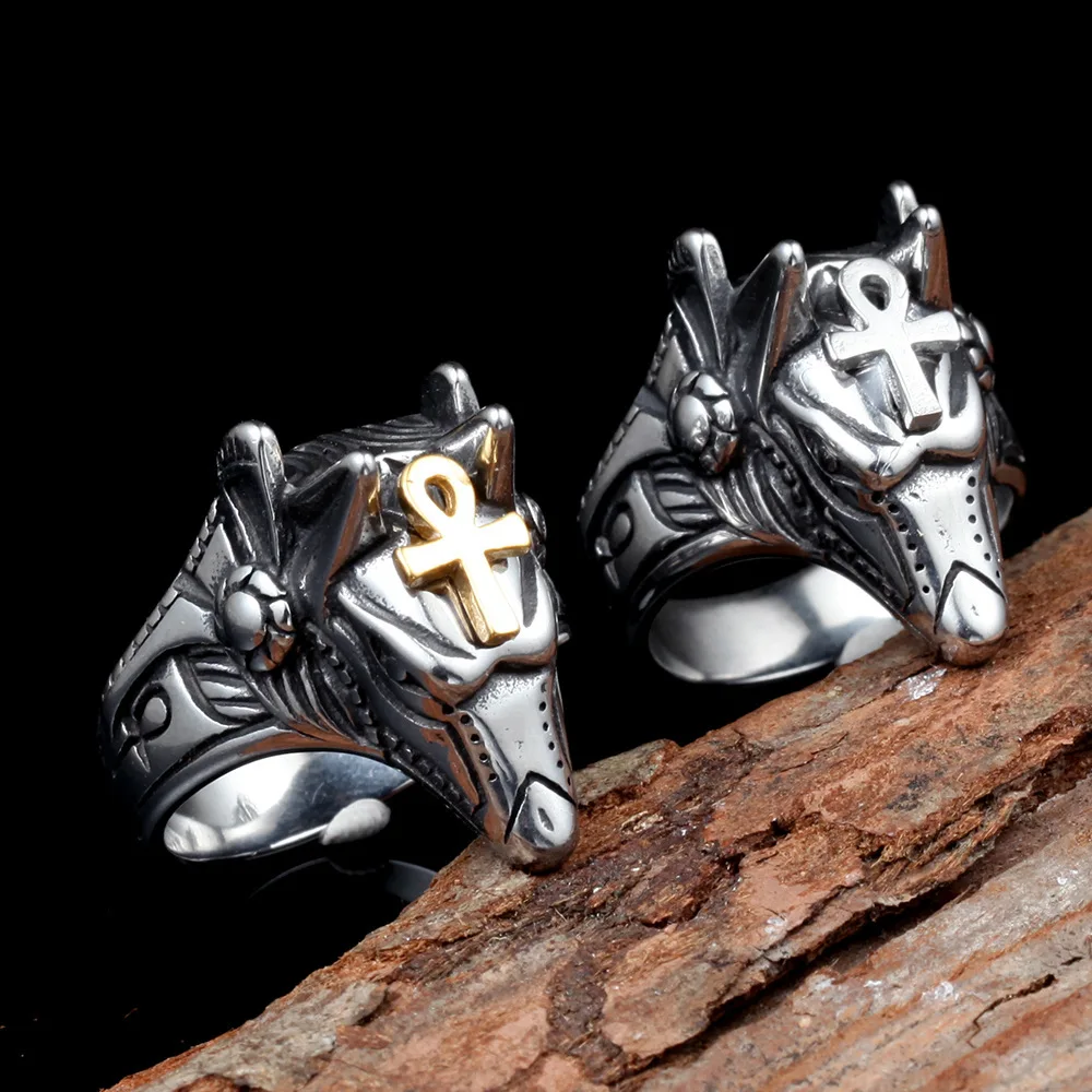 Retro Jewelry  Custom Ankh Cross Stainless Steel Ring Anubis God Ancient Egyptian Jackal Head Pattern Titanium Steel Ring Men