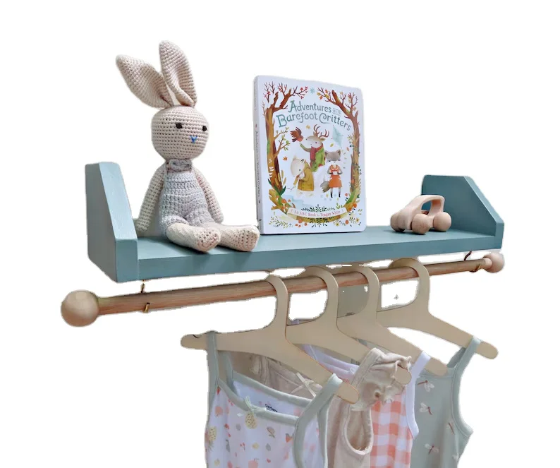 202407  baby clothing storage kids clothing organization nursery decor for boy or girl blue nursery shelf with clothes hanger