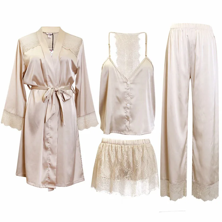 wholesale custom pink sexy long mulberry silk satin robe grow and pajamas set for women in bulk